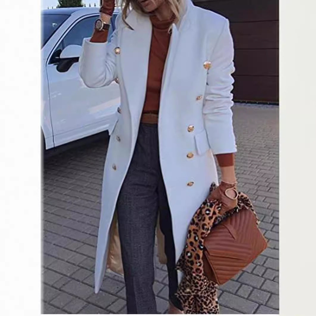 Ladies Elegant Double-Breasted Coat with Gold Buttons and Tailored Fit Lune London