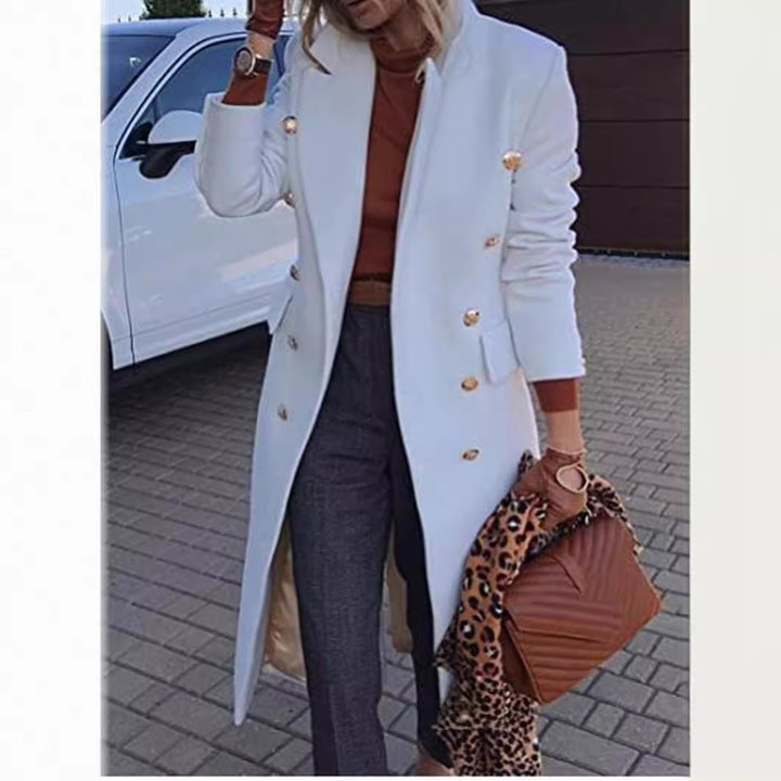 Ladies Elegant Double-Breasted Coat with Gold Buttons and Tailored Fit Lune London