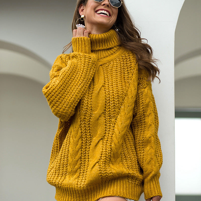 Chunky knit sweater for women with a high collar and cable knit pattern Lune Londonl