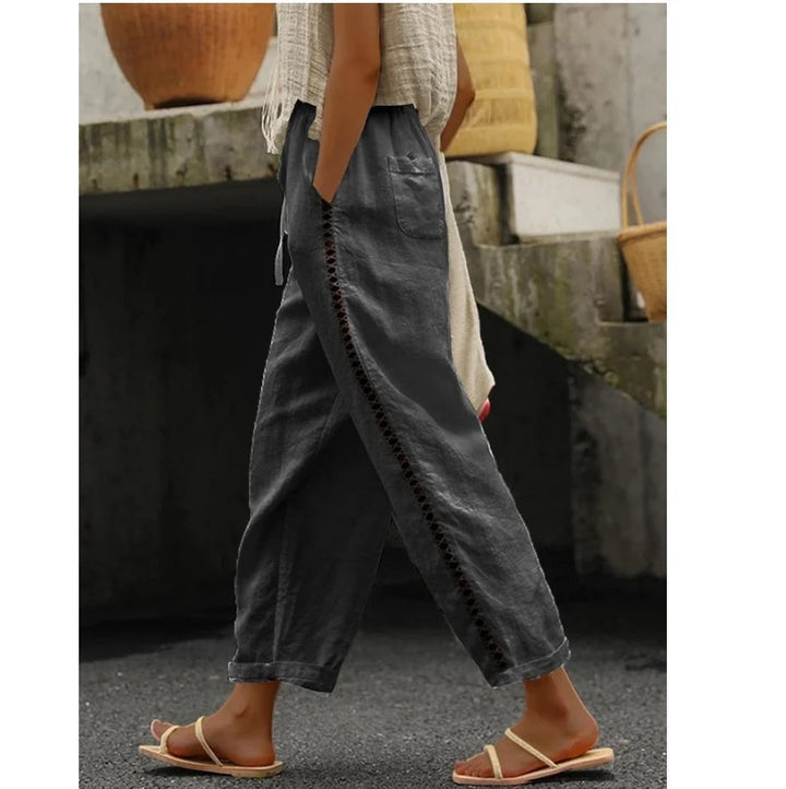 Palazzo pants for women with elastic waistband and tie belt on the side Lune London