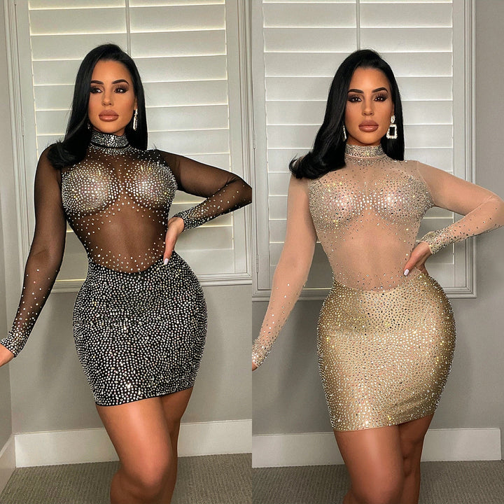 Chic and Stylish Strass Embellished Mesh Mini Dress for Women
