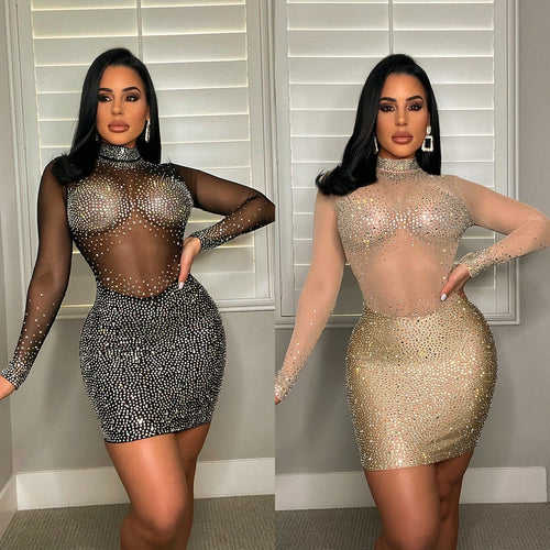 Chic and Stylish Strass Embellished Mesh Mini Dress for Women