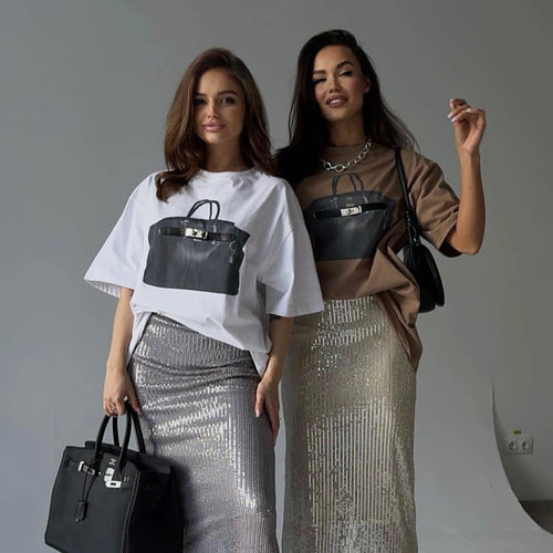 Oversized t-shirt for women with trendy handbag print Lune London
