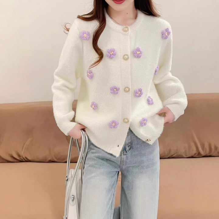 Knit jacket for women with delicate floral embroidery and pearl buttons Lune London