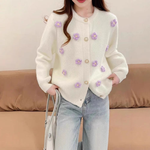 Knit jacket for women with delicate floral embroidery and pearl buttons Lune London