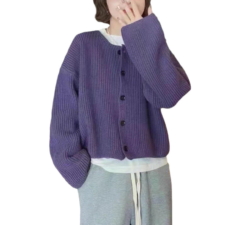 Casual knit jacket for women with open front buttons and balloon sleeves Lune London