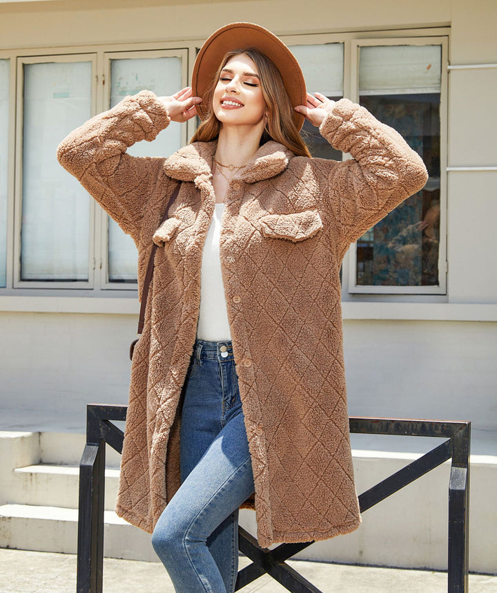Oversized plush coat for women with large pockets and textured design Lune London