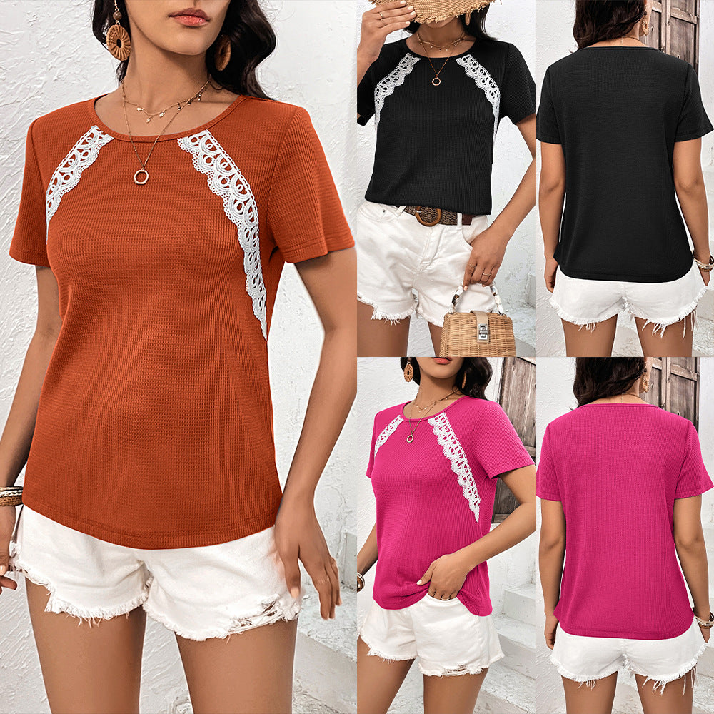 Fashionable women's top with lace insert and textured waffle Lune London