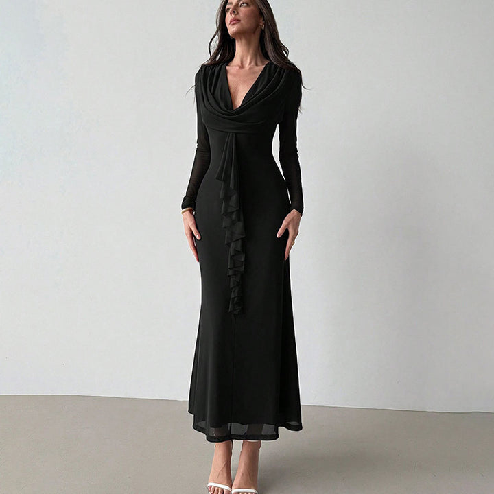 Elegant maxi dress for women with deep V-neckline and ruffle detail Lune London