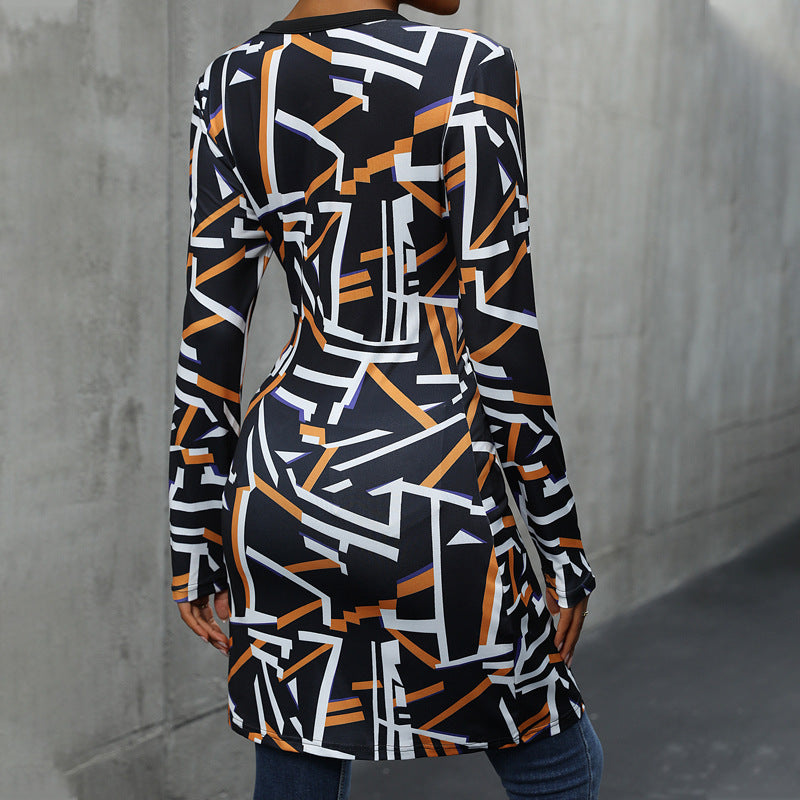Long blouse with sleeves for women with geometric design and buttoned plastron Lune London