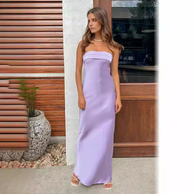 Ladies Elegant Maxi Dress with Slim Waistband and Strapless Design Lune London