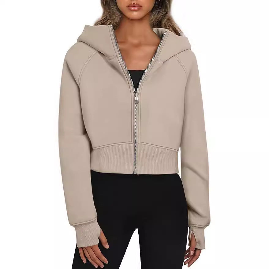 Ladies Crop Sweat Jacket with Zipper and Hood Lune London