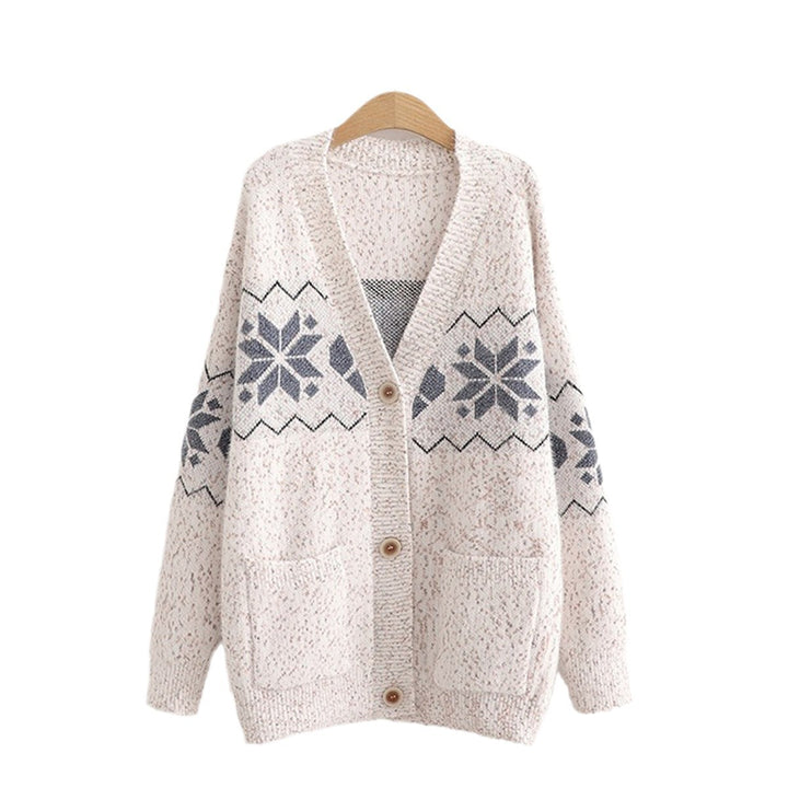 Ladies Large knitted cardigan with contemporary zigzag pattern and practical pockets Lune London