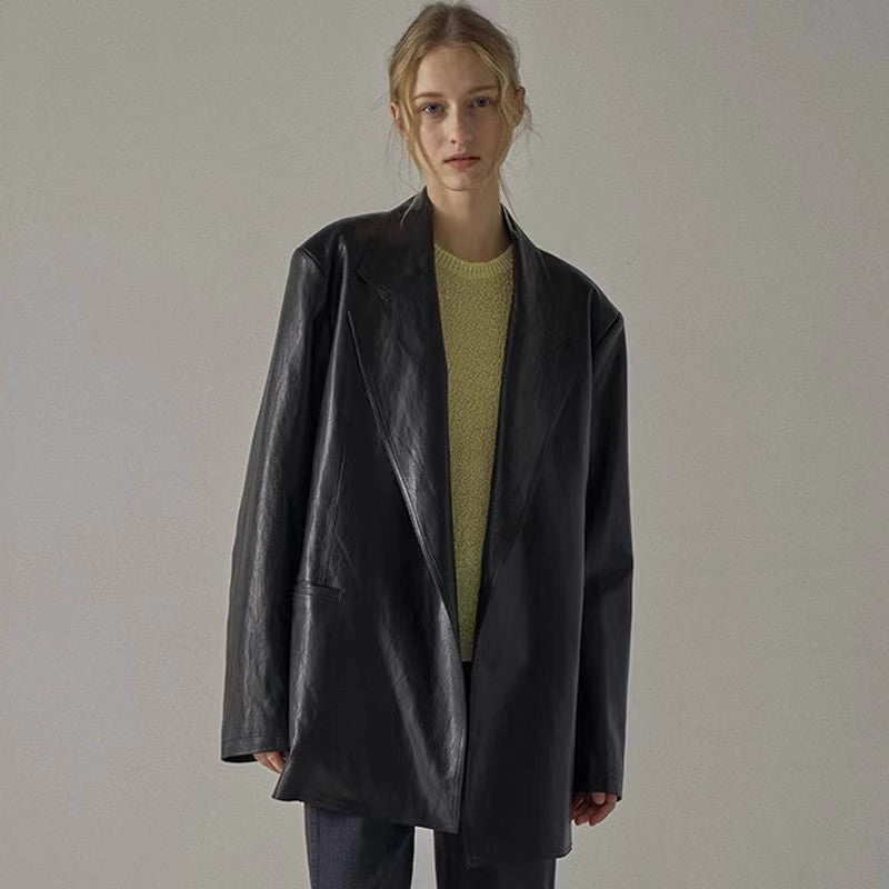 Blazer surdimensionné en faux cuir pour femmes Chic & Stil
