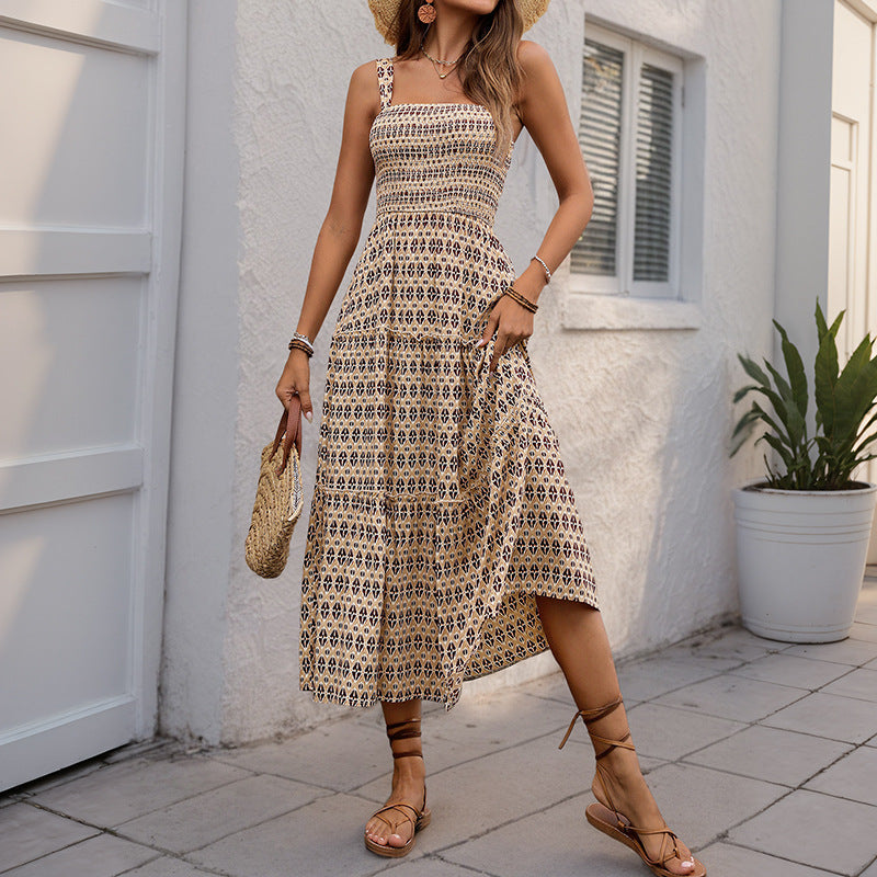 Midi ruffle dress inspired by bohemian style for women with adjustable spaghetti straps Lune London