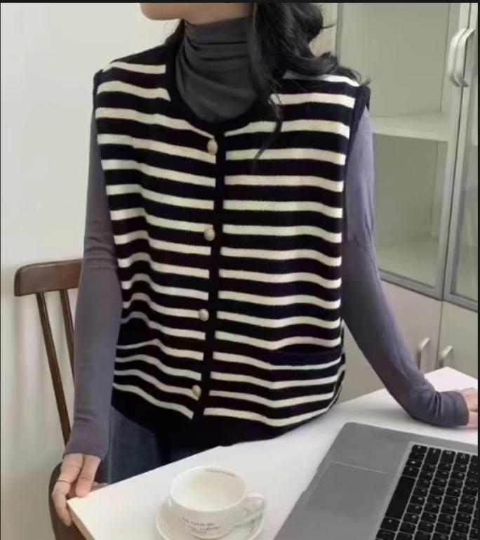 Striped contrast knit vest for women with golden buttons Lune London