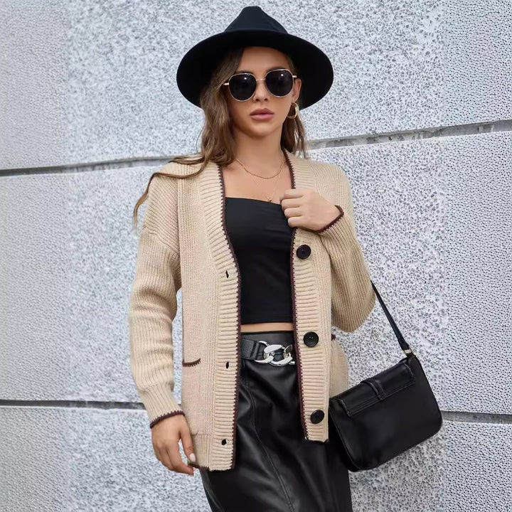 Ladies thick knit cardigan with deep V-neck and practical pockets Lune London