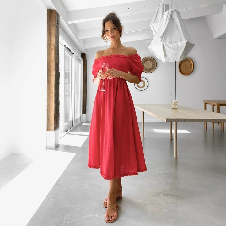 Women's Off-Shoulder Midi Dress with Airy Silhouette and Ruffle Details Lune London