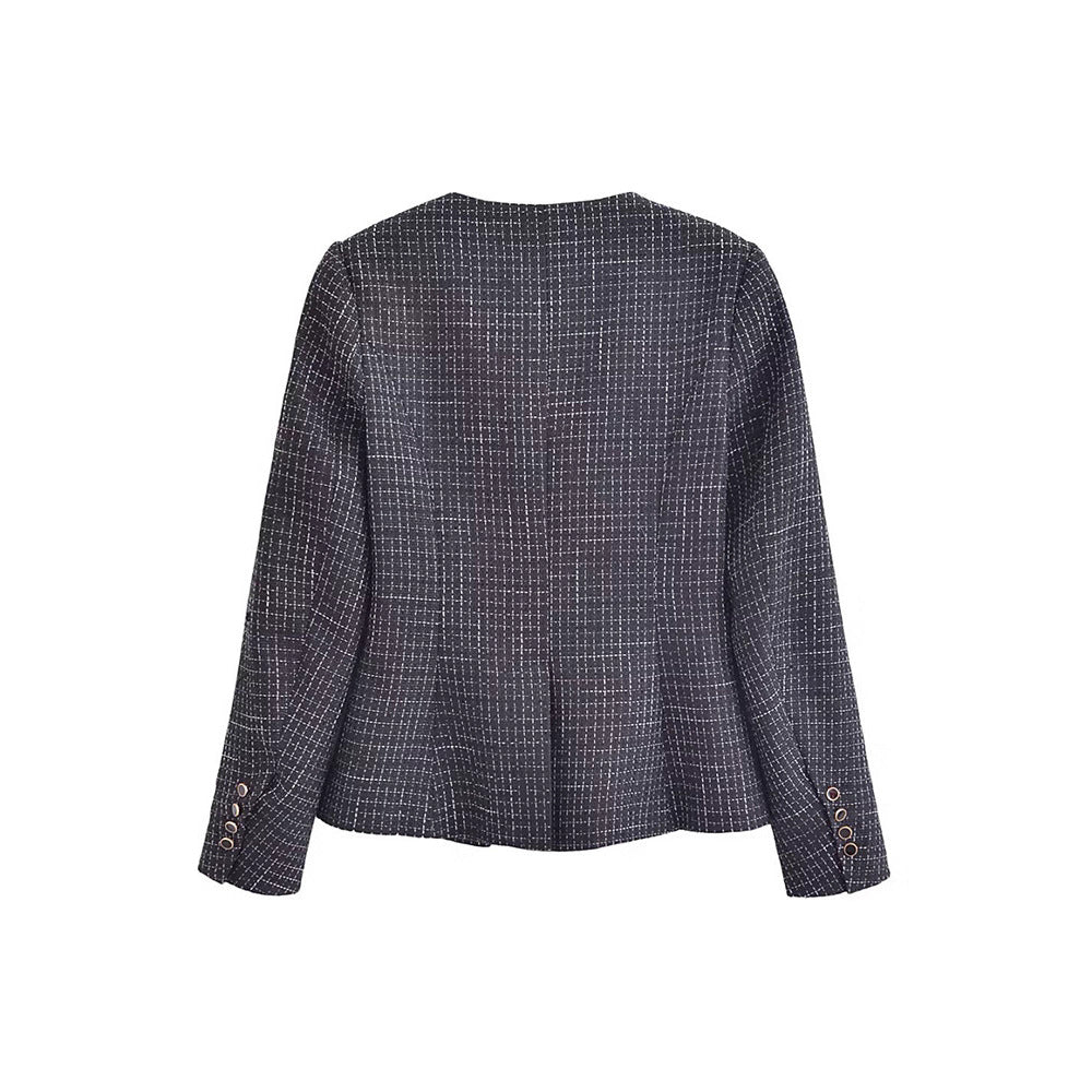 Elegant blazer jacket for women in textured fabric with decorative button details Lune London