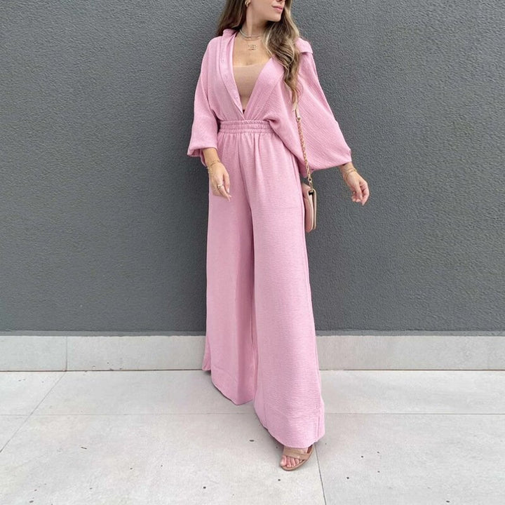 Ladies Casual blouse set with wide pants and button top Lune London