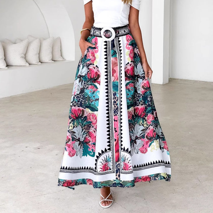 Maxi skirt for women with floral pattern and belt at the waist Lune London