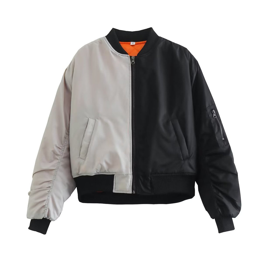 Trendy women's bomber jacket with a playful patchwork design and practical zip pockets Lune London