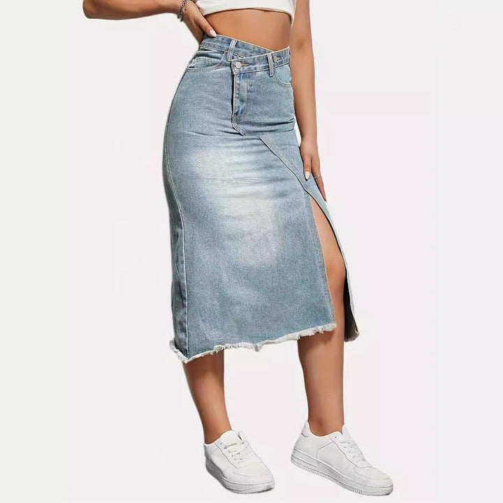 Women's midi denim skirt with high waist and stylish fringe hem