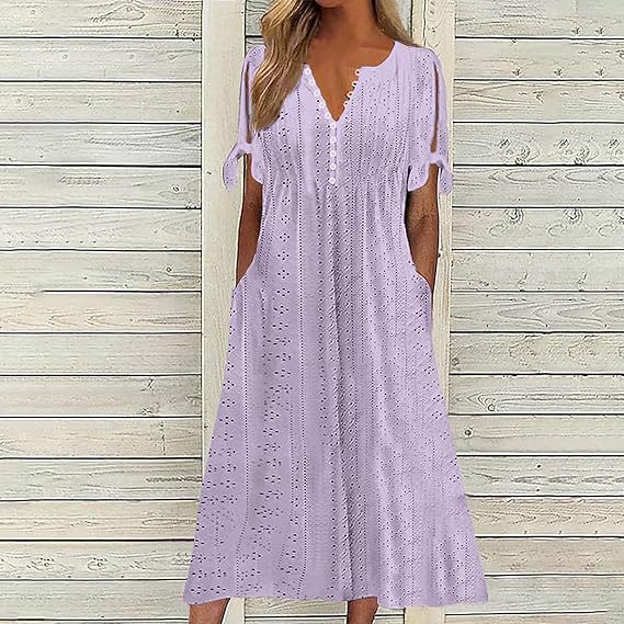 Airy midi dress for women with decorative hole patterns and practical pockets Lune London