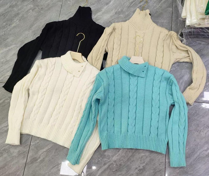 Chunky knit sweater for women with high collar and button details Lune London
