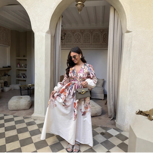 Maxi dress for women with floral patterns and refined gathering elements Lune London
