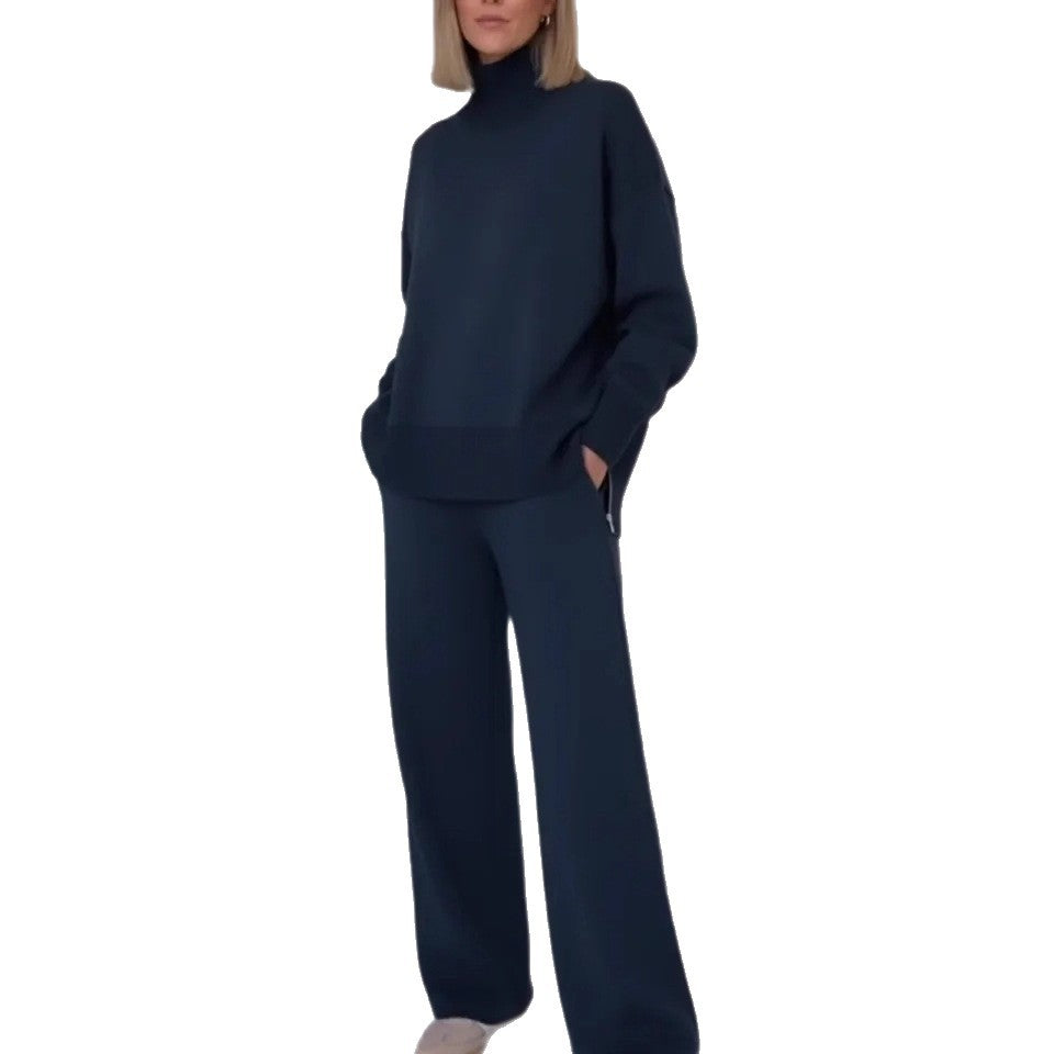 Ensemble de vêtements d'intérieur tricoté confortable pour femmes avec un sweat à col montant et un pantalon large Chic & Stil