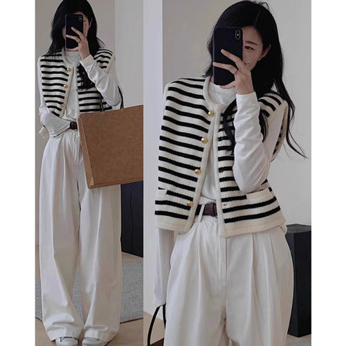 Striped contrast knit vest for women with golden buttons Lune London