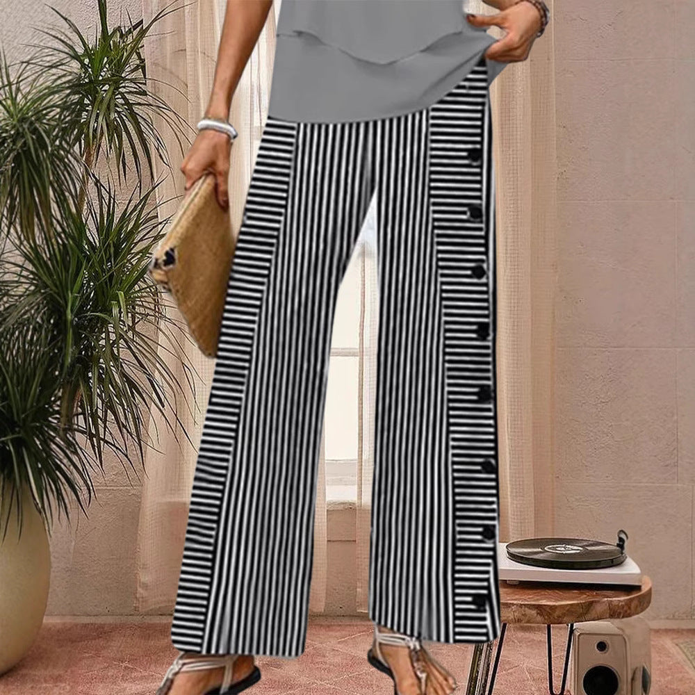 Pantalons palazzo larges à rayures pour femmes avec des détails de bouton pratiques Chic & Stil