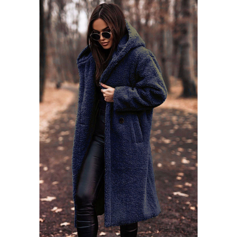 Ladies Plush Teddy Coat with Hood and Button Details Lune London