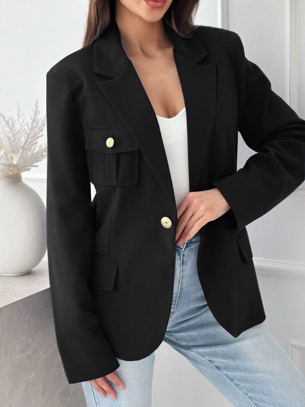 Ladies Fashion Blazer with Embroidered Pockets and Elegant Button Placket Lune London