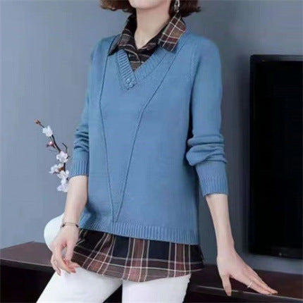 Women's layered knit pullover with V-neck and trendy blouse.