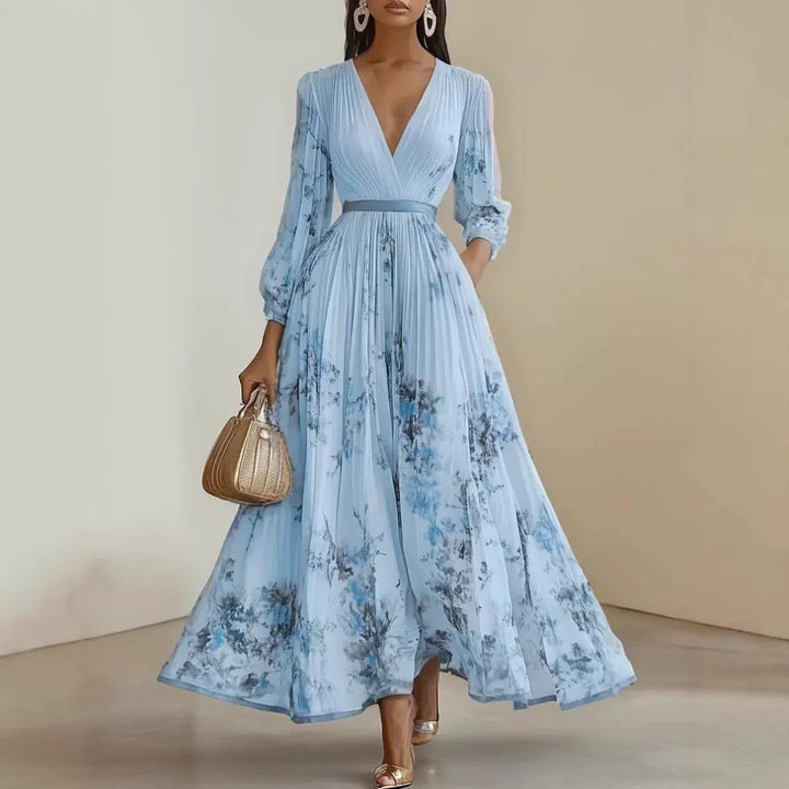 Women Magnificent Maxi Dress with Deep V-Neck and Floral Design Lune London