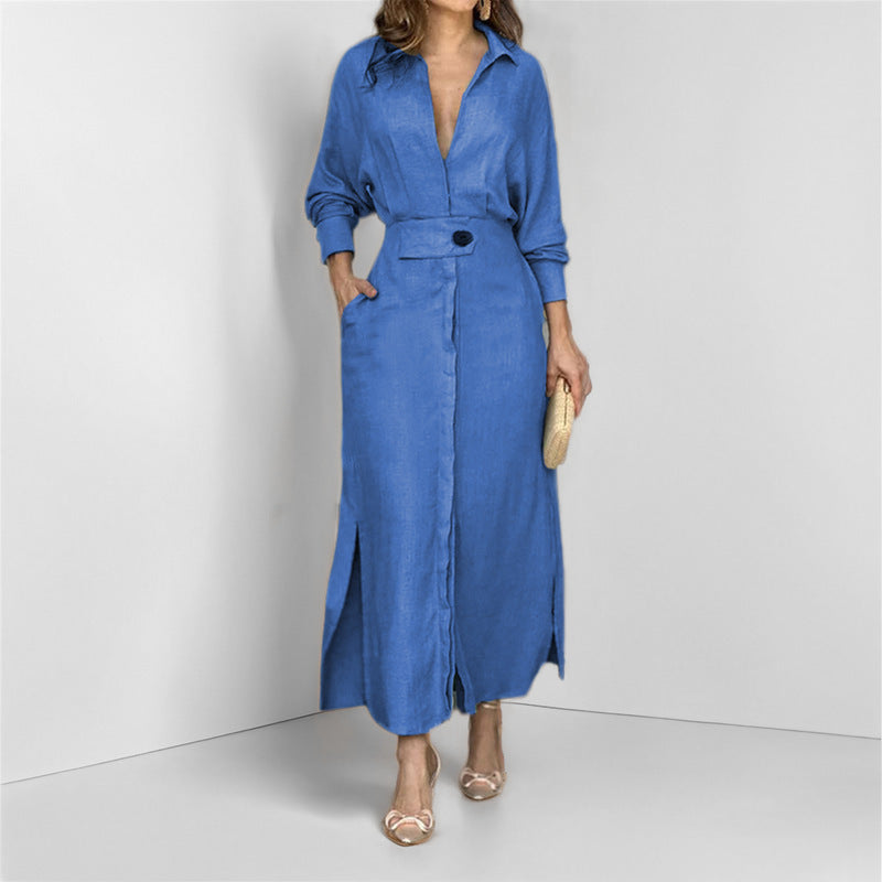 Maxi dress for women with elegant V-neckline and side slit Lune London