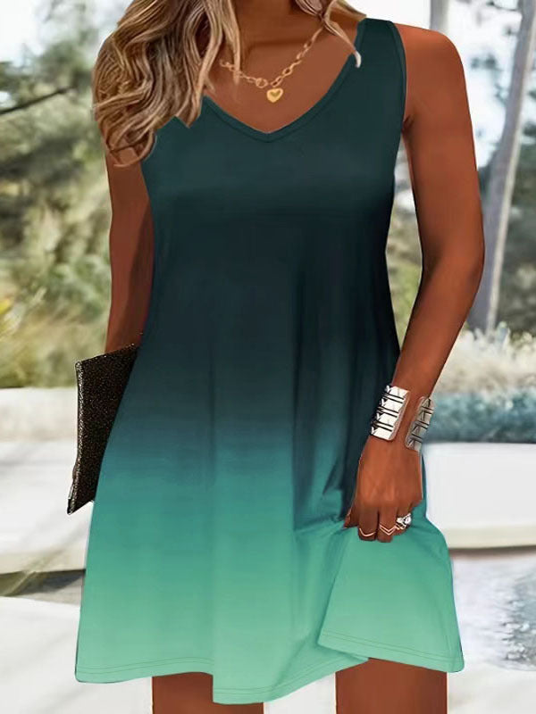 Summer dress with V-neck for ladies featuring a bright gradient of colors and a light, breathable fabric Lune London