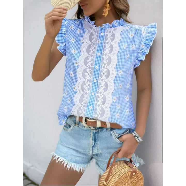 Checkered button-up blouse with ruffled collar for women Lune London