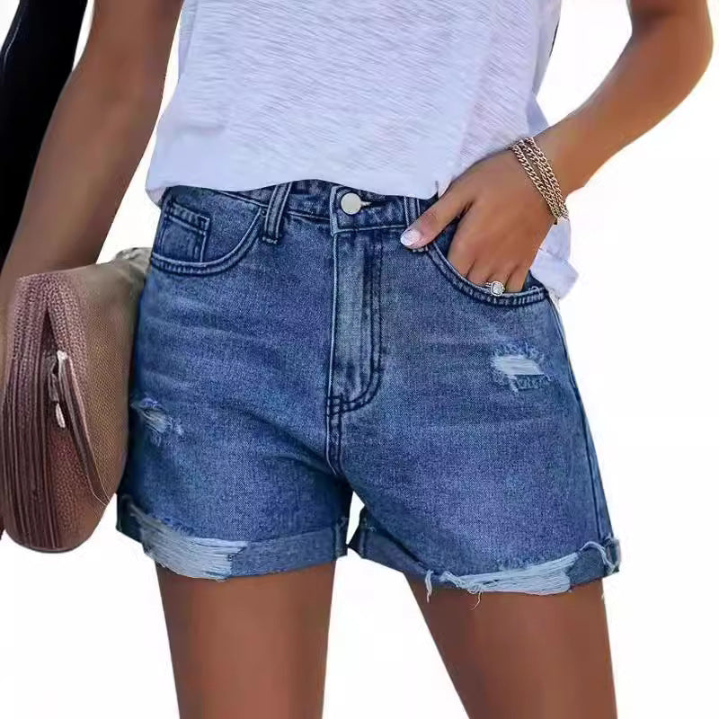 Women's Summery Destroyed Denim Shorts with Rolled Hem Lune London