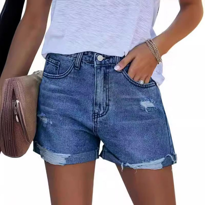 Women's Summery Destroyed Denim Shorts with Rolled Hem Lune London