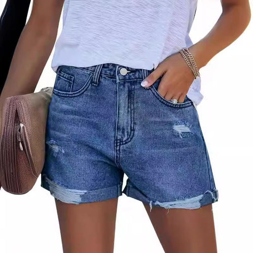 Women's Summery Destroyed Denim Shorts with Rolled Hem Lune London