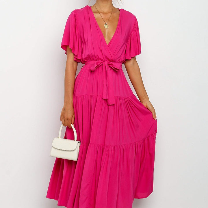 Lune London Fluid maxi dress for women with tie-up belt and butterfly sleeves