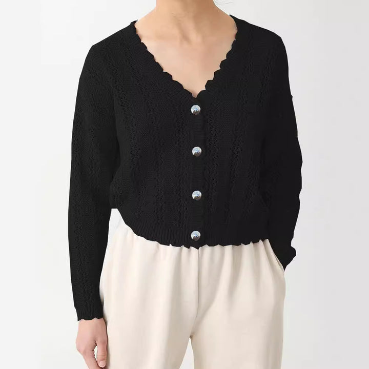 Knitted cardigan for women with feminine ruffles and button details Lune London