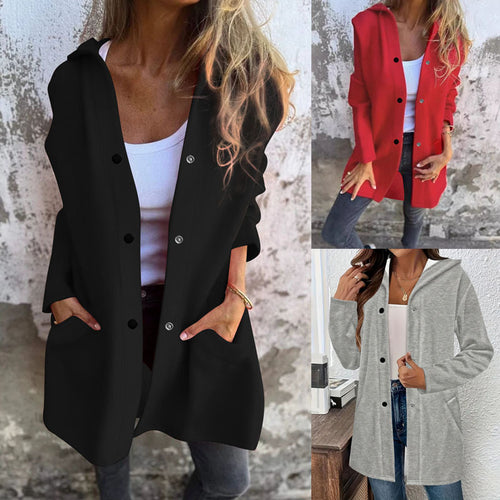 Ladies trendy long cardigan with hood and practical pockets Lune London