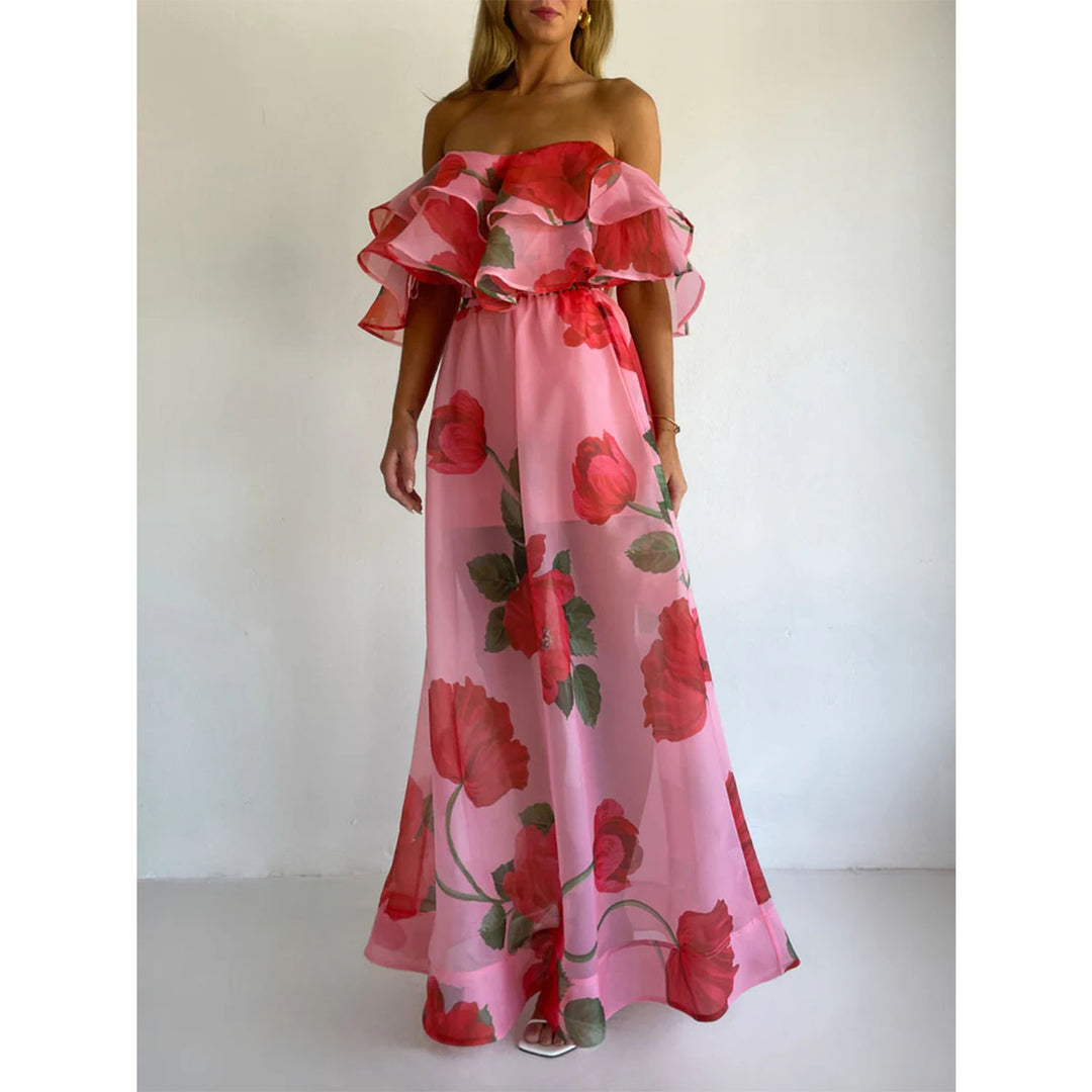 Ladies' maxi skirt set with off-shoulder top and playful ruffle design