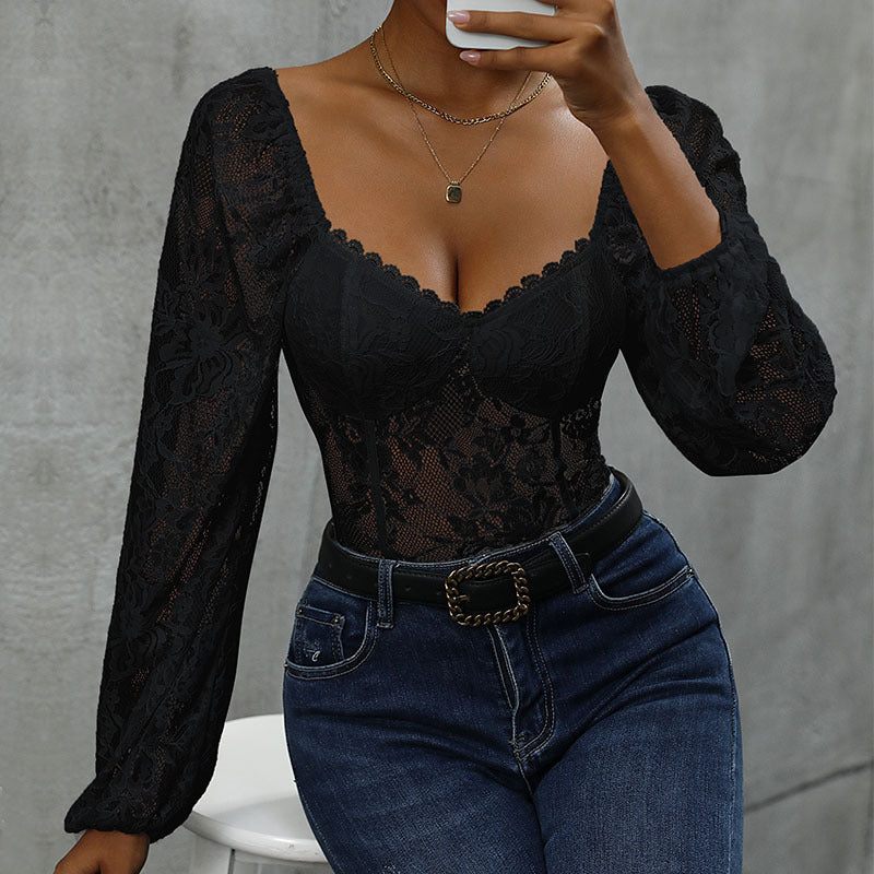 Women’s Lace Bodysuit with Romantic Design and Elegant V-Neck Lune London