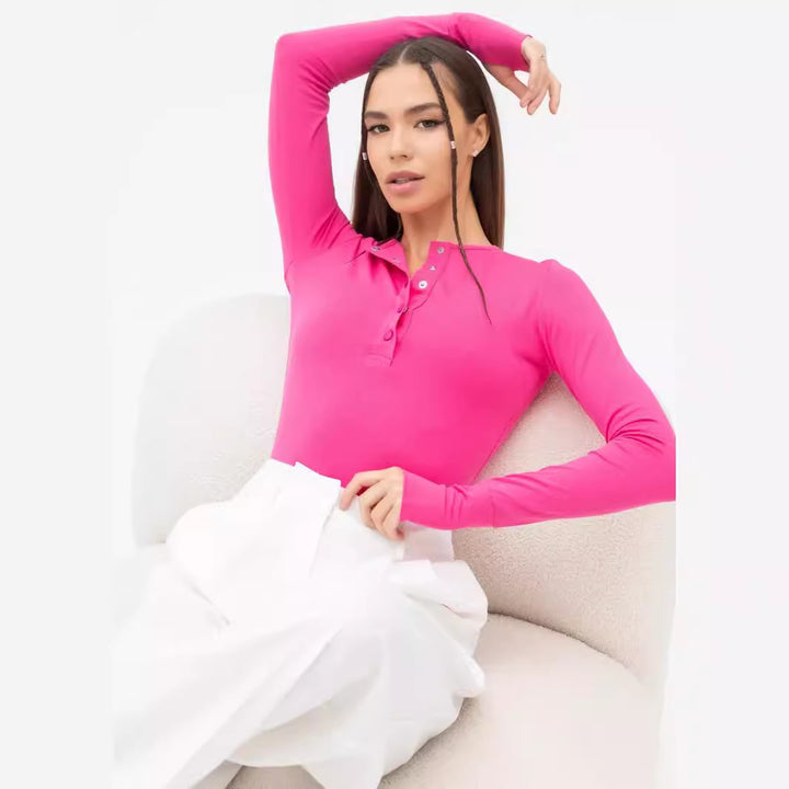 Women Long Sleeve Top with Button Placket and Fitted Cut Lune London