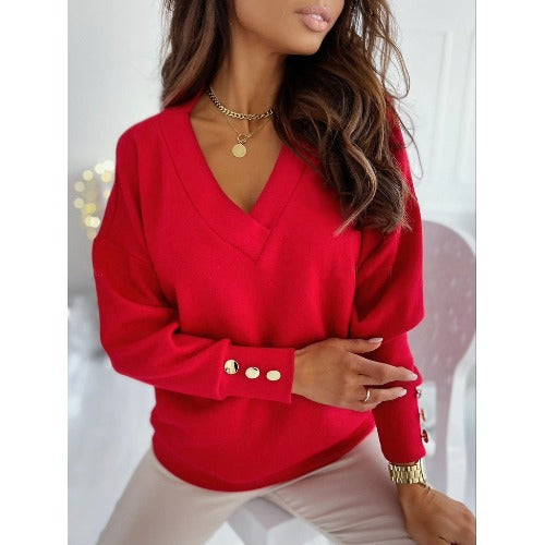 Ladies Long Fashion Sweater with Long Sleeves and V Neck and Button Details Lune London